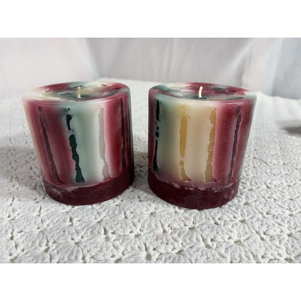 PIER 1 Imports Unscented 4” X 4” Candles Lot Of 2 Burgundy Green Ivory